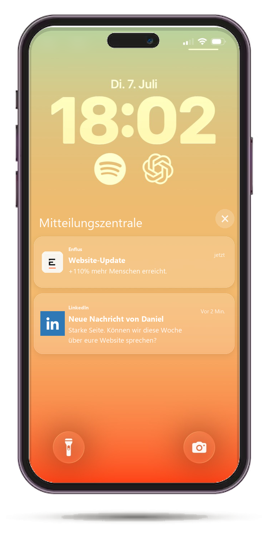 iPhone-Lockscreen mit Enflus Website-Update und neuer Website-Anfrage